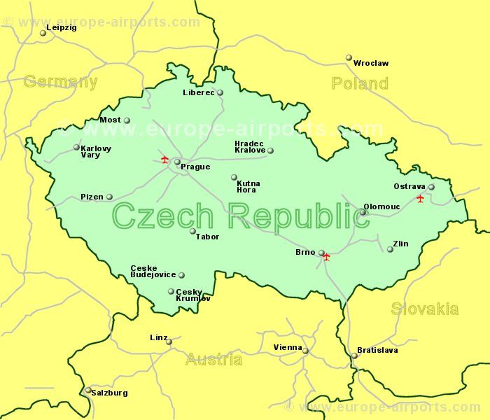 Large Map of Czech Republic showing all airports with scheduled flights from the UK or Ireland